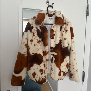 Brown and White Cow Print Faux Fur Jacket